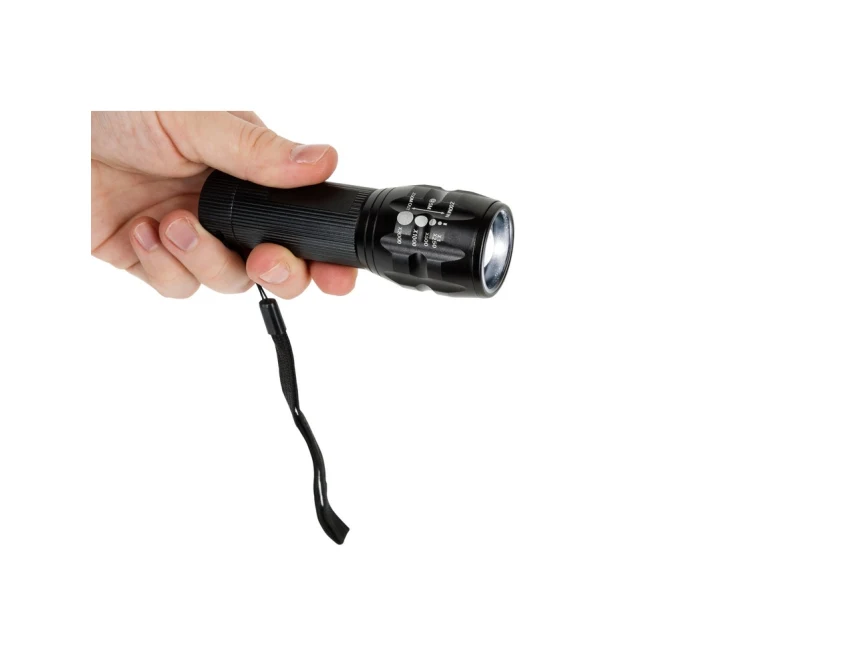 Czarna metalowa latarka CREE LED 280 lm z logo — gadżet reklamowy do roweru