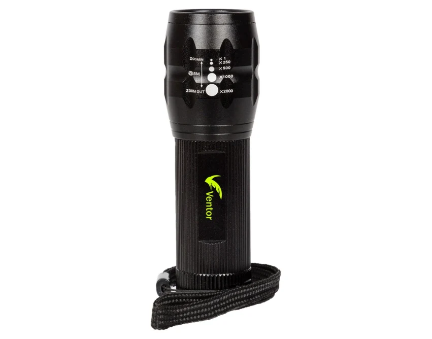 Czarna metalowa latarka CREE LED 280 lm z logo — gadżet reklamowy do roweru