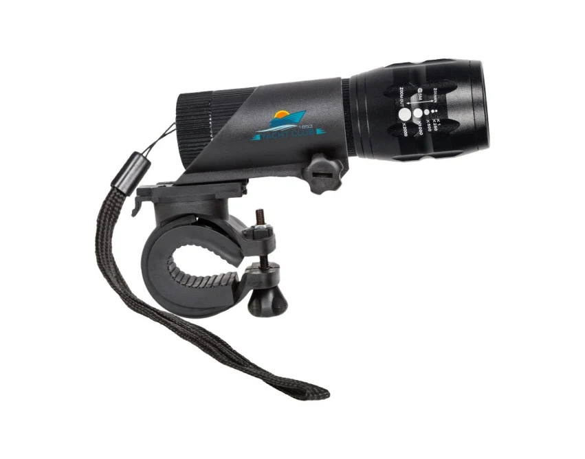 Czarna metalowa latarka CREE LED 280 lm z logo — gadżet reklamowy do roweru