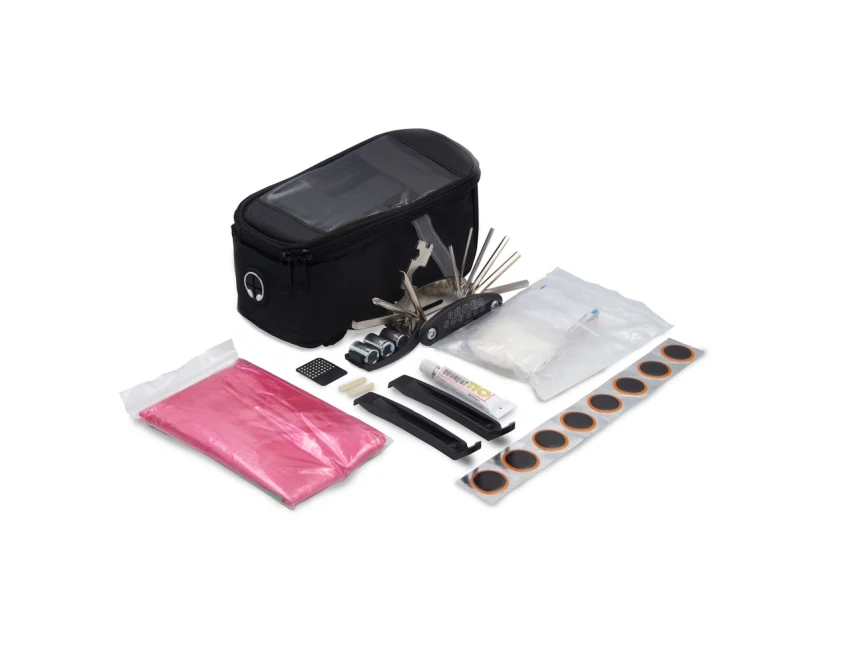 Czarna torba rowerowa Fabio z logo – apteczka, zestaw naprawczy, nylon 600D
