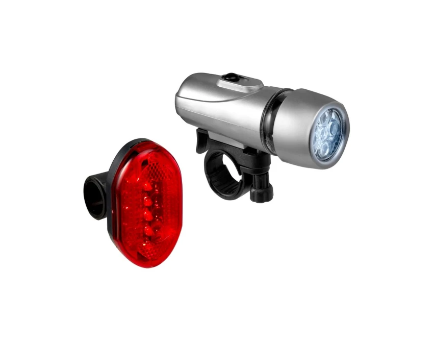 Zestaw lampek rowerowych 5 LED/4 LED z logo — srebrny ABS | Gadżety firmowe