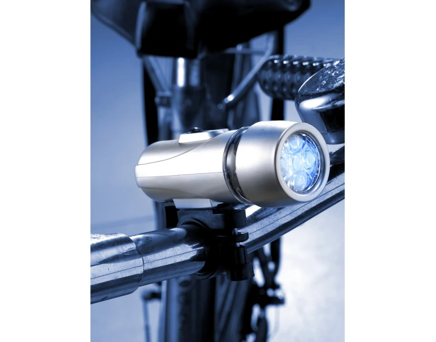 Zestaw lampek rowerowych 5 LED/4 LED z logo — srebrny ABS | Gadżety firmowe