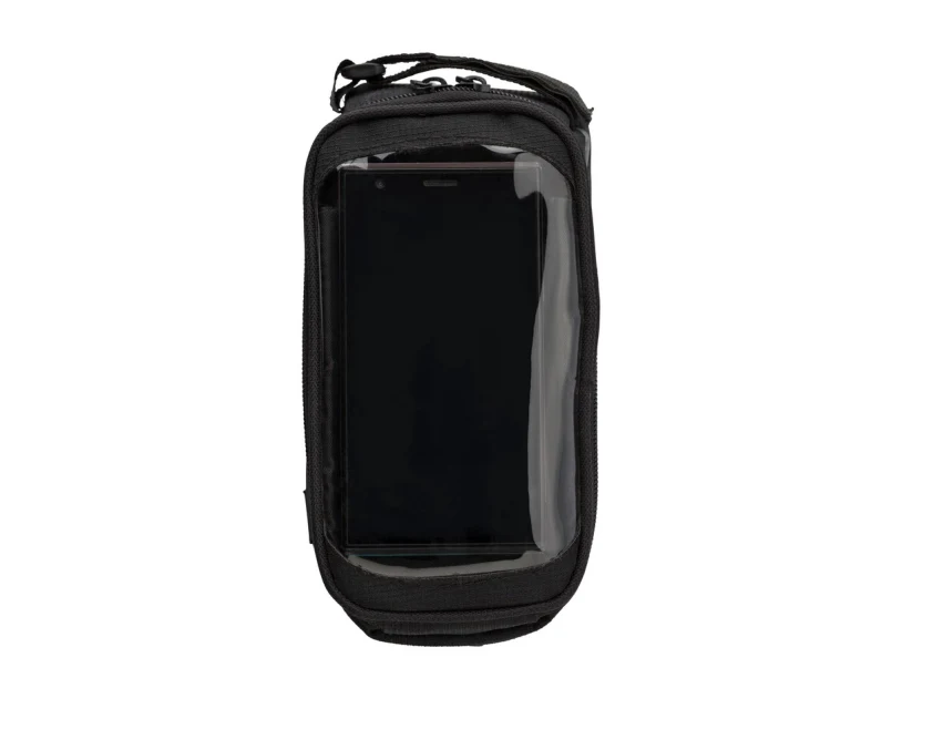 Czarna torba rowerowa z okienkiem na telefon, nadruk logo | Gadżet 600D rPET