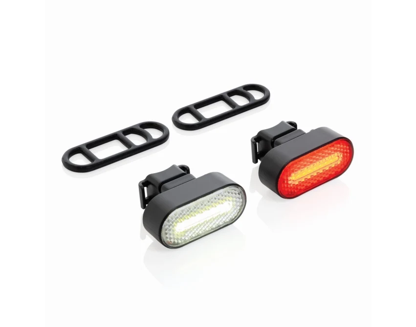 Czarny zestaw lampek rowerowych Lumino 60 lm IPX4 RABS z logo USB-C – gadżety firmowe