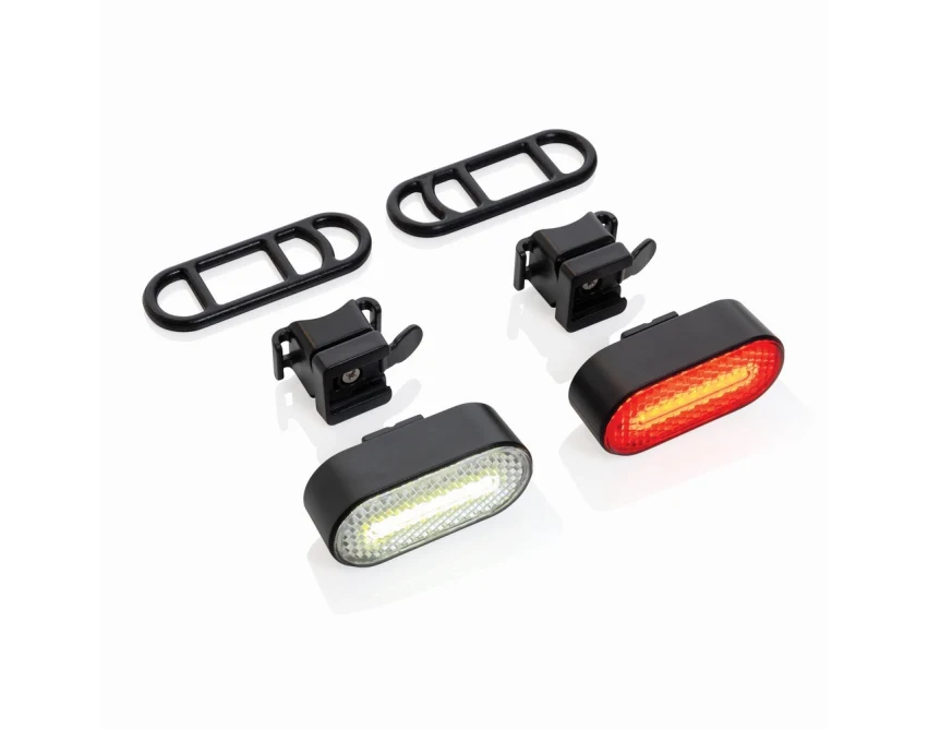Czarny zestaw lampek rowerowych Lumino 60 lm IPX4 RABS z logo USB-C – gadżety firmowe