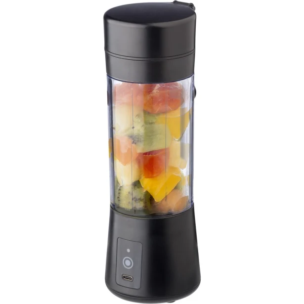 Czarny przenośny blender 320 ml z logo, ABS, stal 301 – gadżet do siłowni