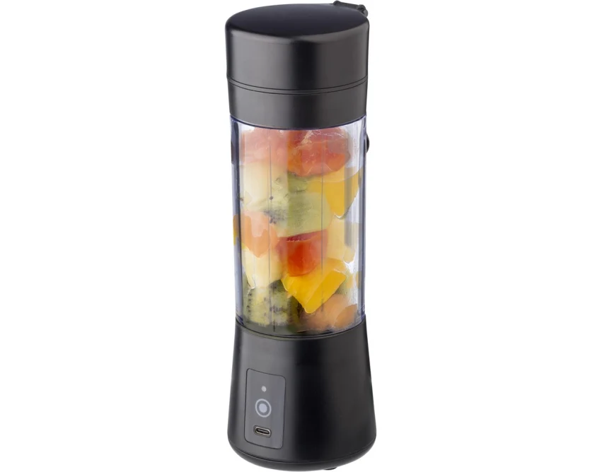 Czarny przenośny blender 320 ml z logo, ABS, stal 301 – gadżet do siłowni