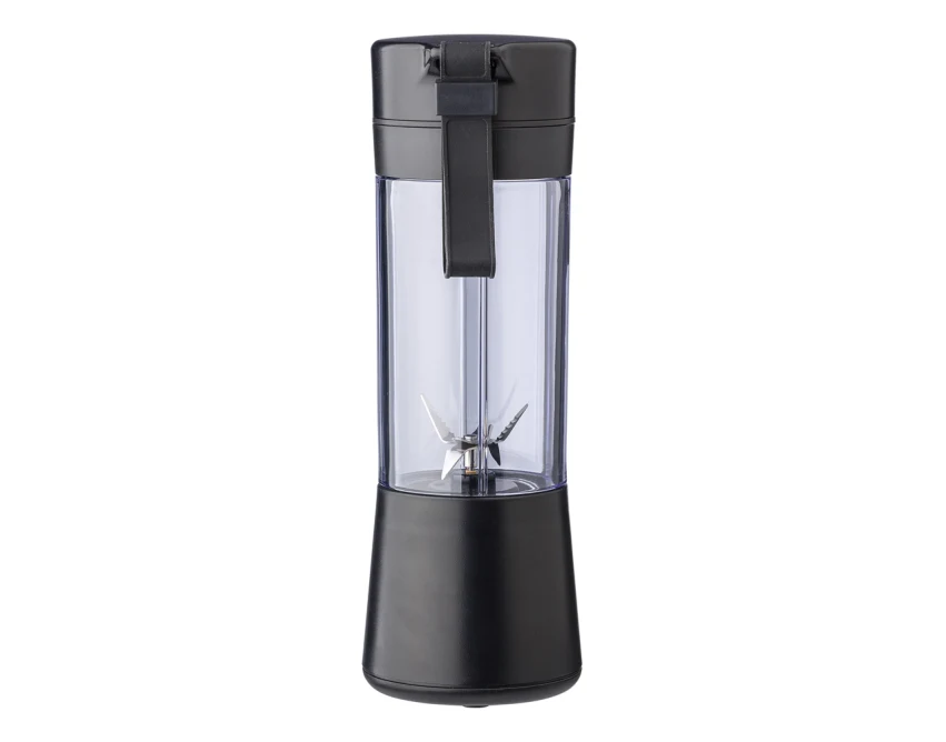 Czarny przenośny blender 320 ml z logo, ABS, stal 301 – gadżet do siłowni