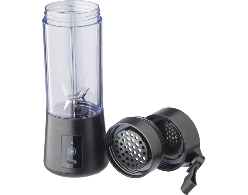 Czarny przenośny blender 320 ml z logo, ABS, stal 301 – gadżet do siłowni