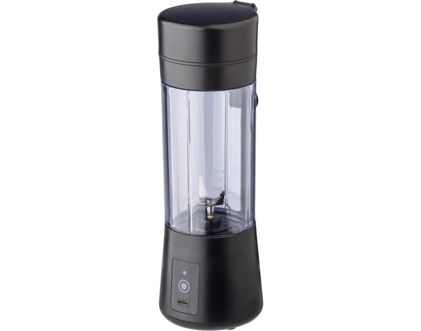 Czarny przenośny blender 320 ml z logo, ABS, stal 301 – gadżet do siłowni