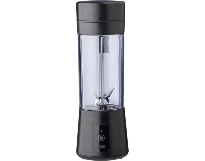 Czarny przenośny blender 320 ml z logo, ABS, stal 301 – gadżet do siłowni