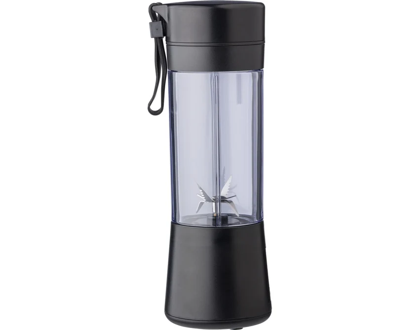 Czarny przenośny blender 320 ml z logo, ABS, stal 301 – gadżet do siłowni