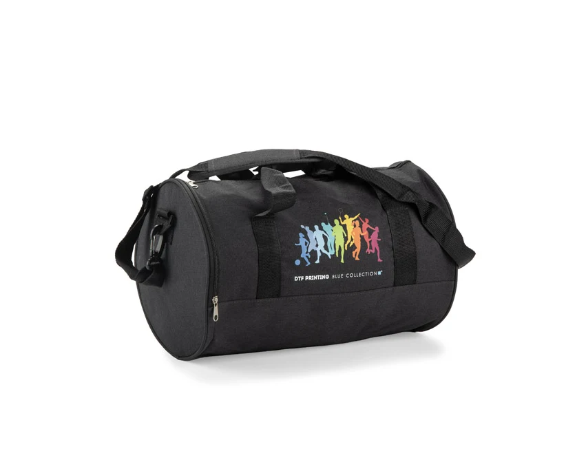 Czarna torba sportowa ATHLEX z logo firmy – reklamowa, wodoodporna, poliester
