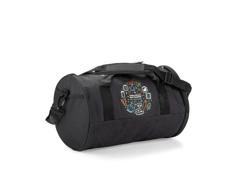 Czarna torba sportowa ATHLEX z logo firmy – reklamowa, wodoodporna, poliester