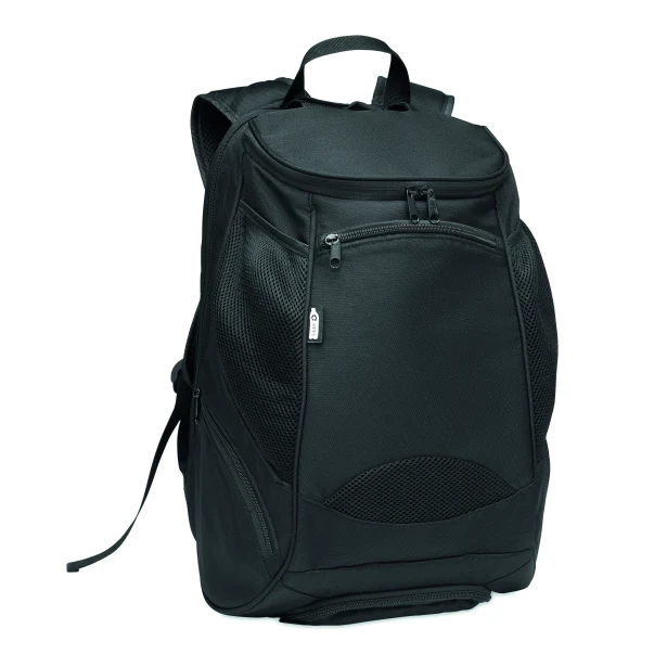 Czarny plecak sportowy 600D RPET z logo – personalizowany gadżet firmowy premium