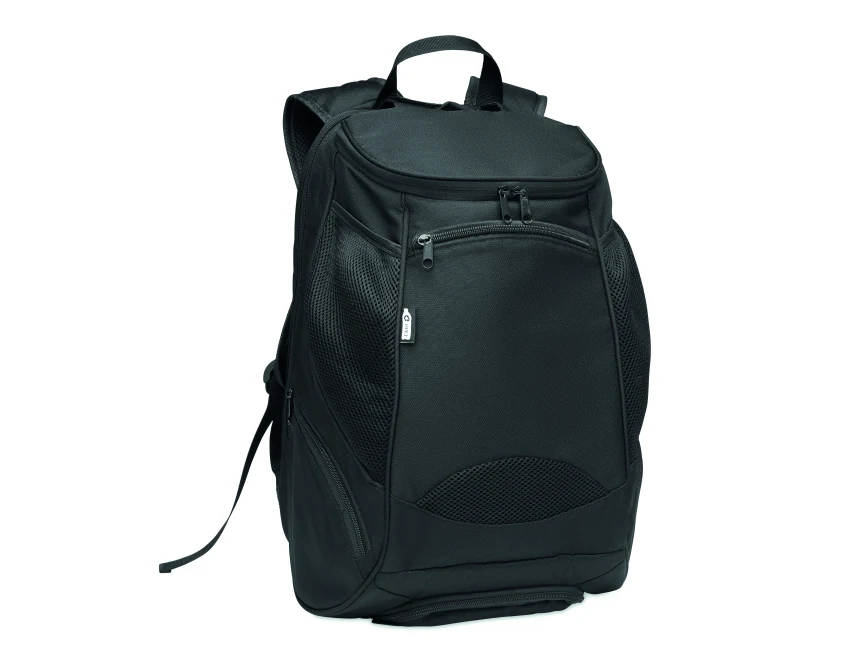 Czarny plecak sportowy 600D RPET z logo – personalizowany gadżet firmowy premium