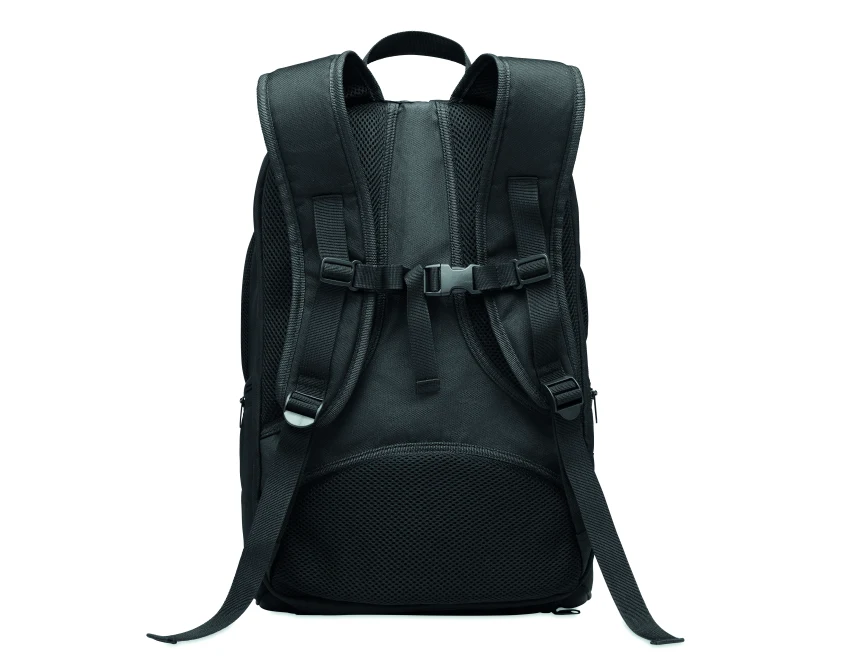 Czarny plecak sportowy 600D RPET z logo – personalizowany gadżet firmowy premium