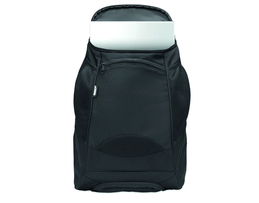 Czarny plecak sportowy 600D RPET z logo – personalizowany gadżet firmowy premium