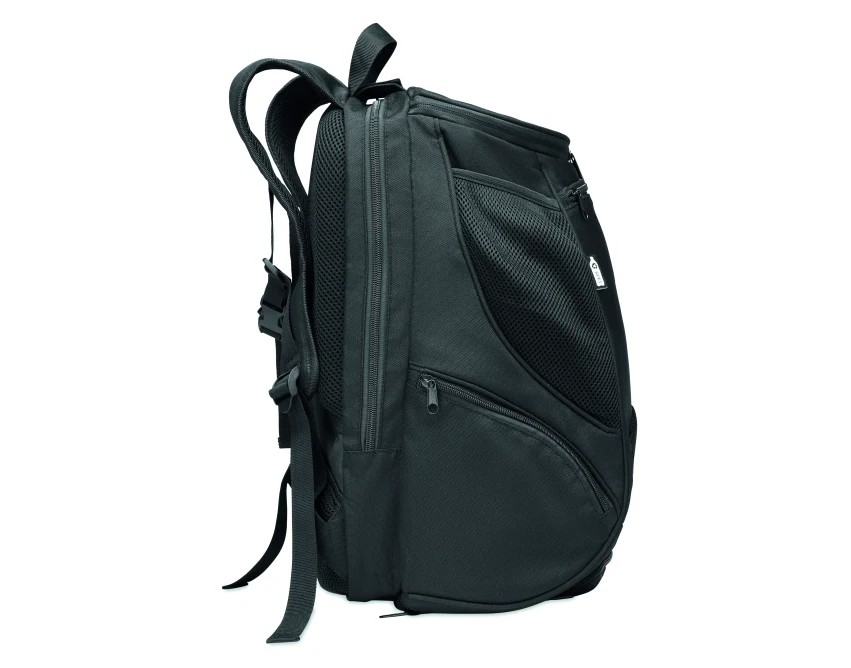 Czarny plecak sportowy 600D RPET z logo – personalizowany gadżet firmowy premium