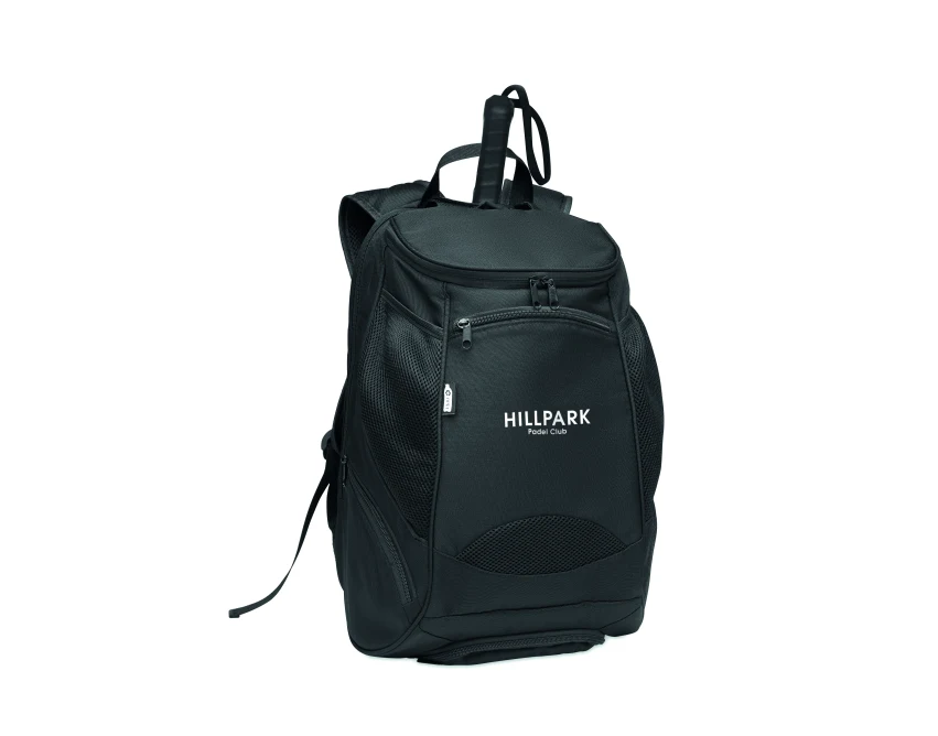 Czarny plecak sportowy 600D RPET z logo – personalizowany gadżet firmowy premium