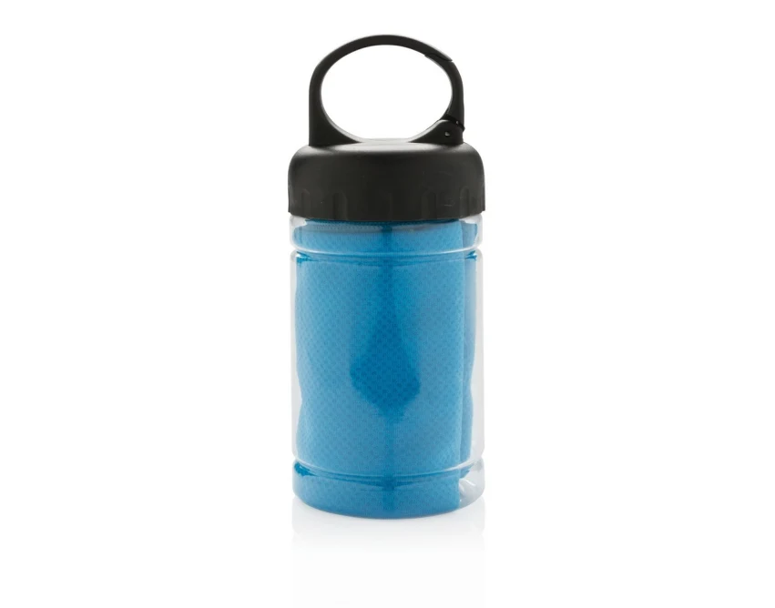 Niebieski ręcznik chłodzący z logo w butelce PP 77x30 cm – personalizowany gadżet firmowy