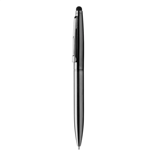 Czarny metalowy długopis touch pen z rysikiem i logo – elegancki gadżet firmowy