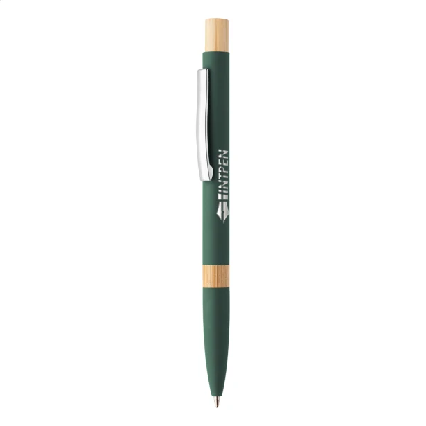 Ciemnozielony długopis soft touch z bambusem, eco aluminium, grawer logo – gadżet firmowy