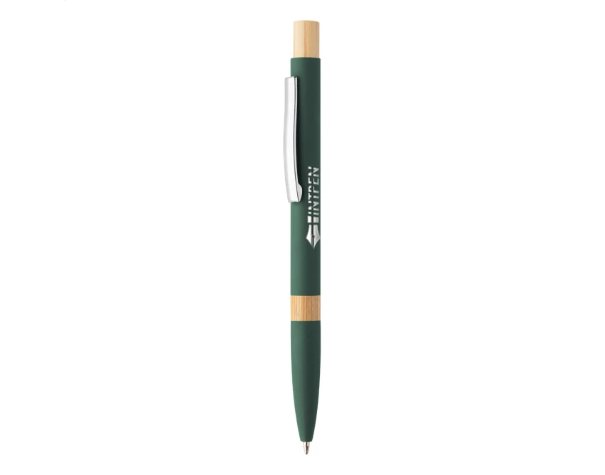 Ciemnozielony długopis soft touch z bambusem, eco aluminium, grawer logo – gadżet firmowy