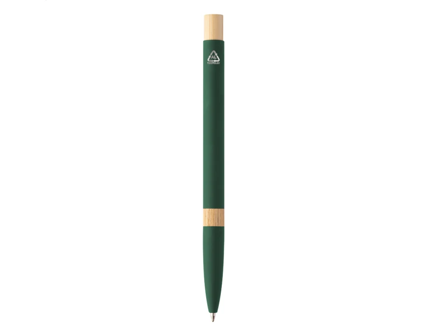 Ciemnozielony długopis soft touch z bambusem, eco aluminium, grawer logo – gadżet firmowy