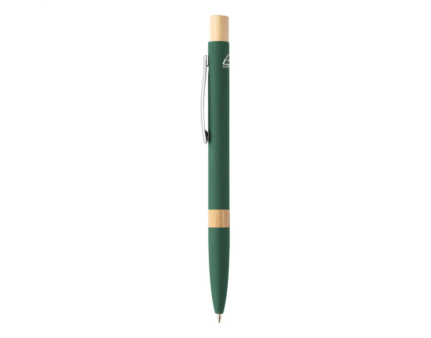 Ciemnozielony długopis soft touch z bambusem, eco aluminium, grawer logo – gadżet firmowy