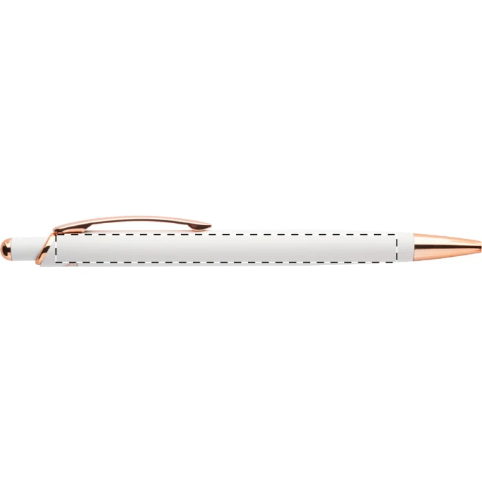 Schemat znakowania dla Nadruk UV (personalizacja) - NUVA na gadżecie: Biały długopis reklamowy eco z aluminium, lustrzany grawer różowe złoto z logo firmy