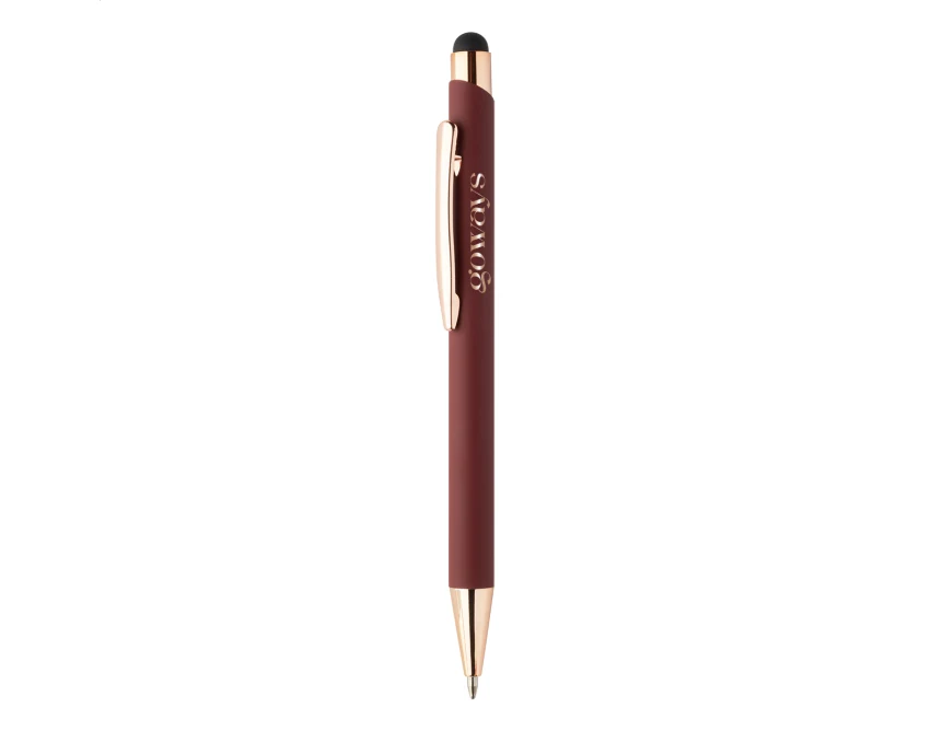 Długopis reklamowy burgund soft touch z logo rose gold, aluminium z recyklingu, stylus
