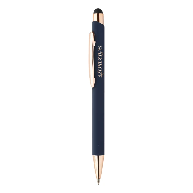 Niebieski długopis soft touch z recyklingu, rysik i rose gold, grawer logo