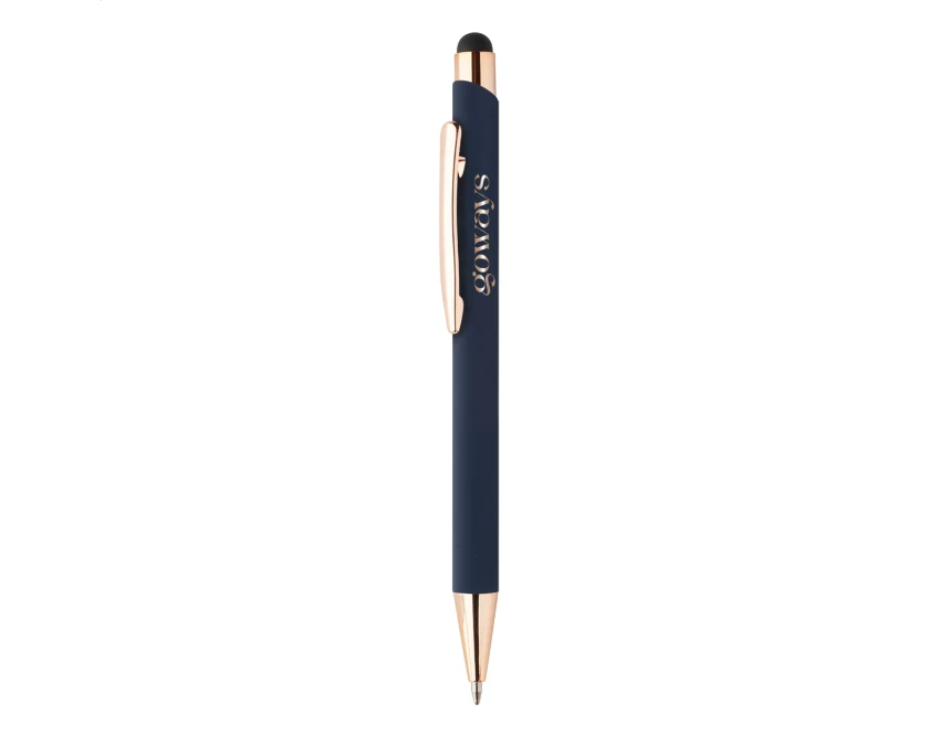 Niebieski długopis soft touch z recyklingu, rysik i rose gold, grawer logo