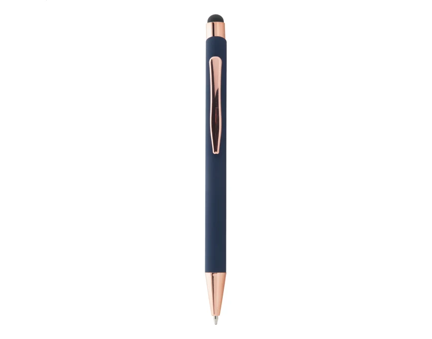 Niebieski długopis soft touch z recyklingu, rysik i rose gold, grawer logo