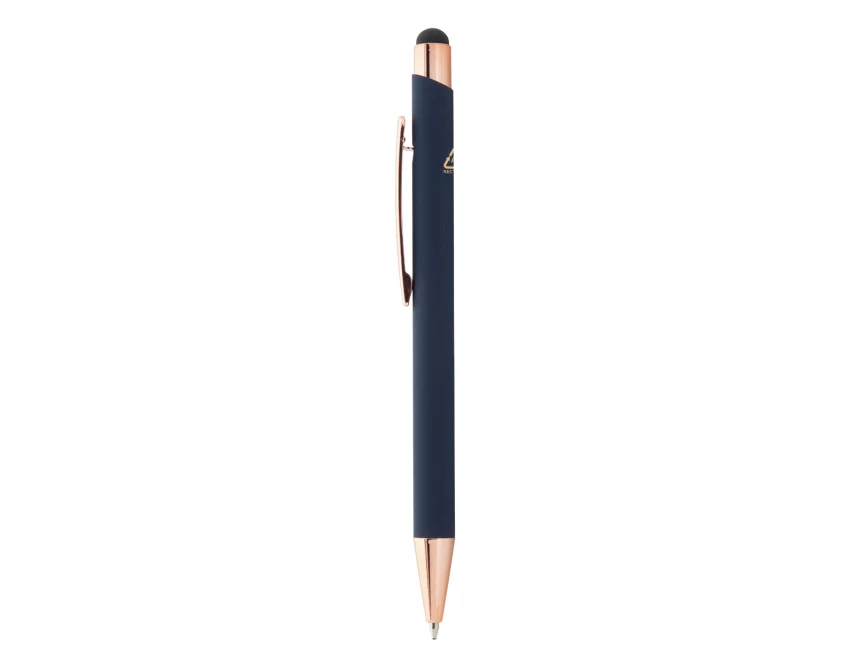 Niebieski długopis soft touch z recyklingu, rysik i rose gold, grawer logo