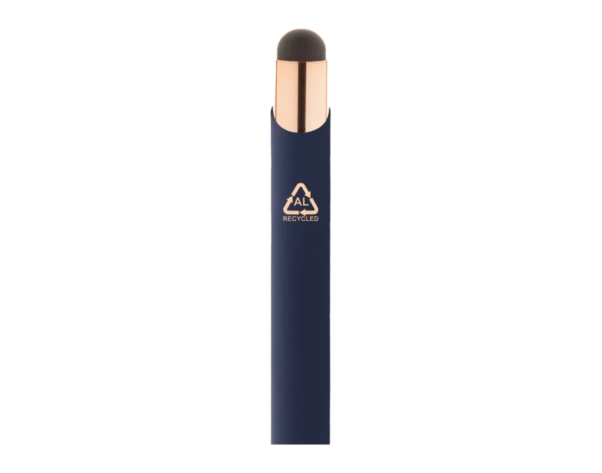 Niebieski długopis soft touch z recyklingu, rysik i rose gold, grawer logo