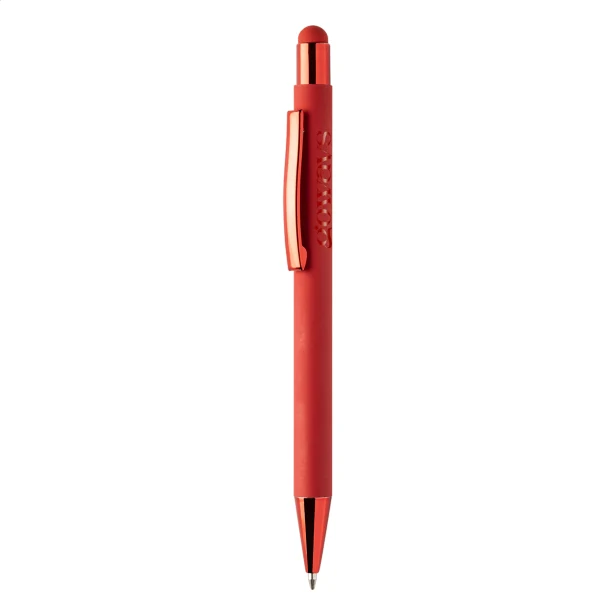 Czerwony długopis reklamowy z recyklingowanego aluminium, stylus, lustrzany grawer, logo