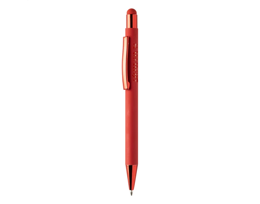 Czerwony długopis reklamowy z recyklingowanego aluminium, stylus, lustrzany grawer, logo