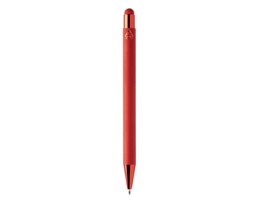 Czerwony długopis reklamowy z recyklingowanego aluminium, stylus, lustrzany grawer, logo