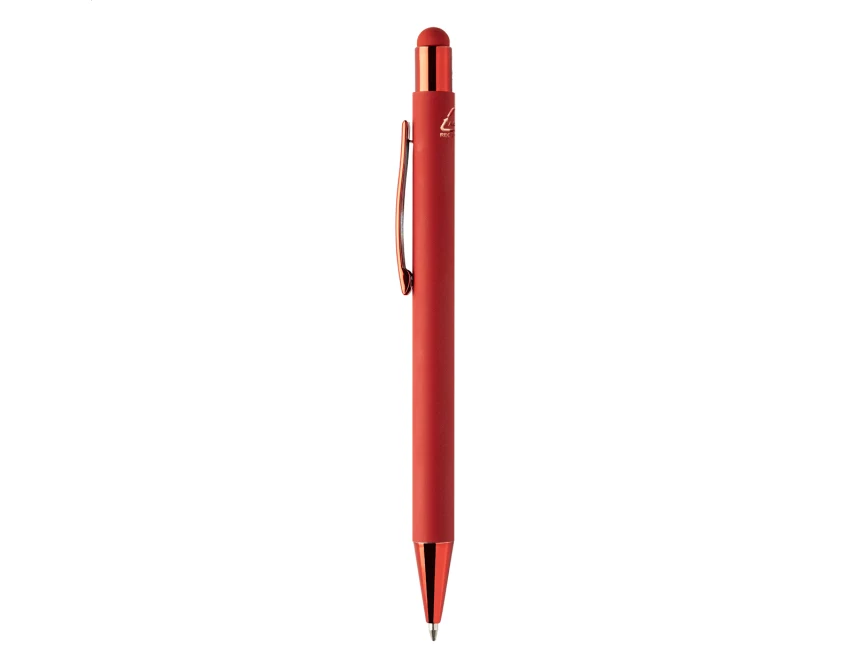 Czerwony długopis reklamowy z recyklingowanego aluminium, stylus, lustrzany grawer, logo