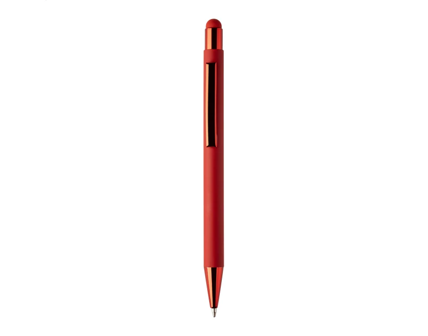 Czerwony długopis reklamowy z recyklingowanego aluminium, stylus, lustrzany grawer, logo