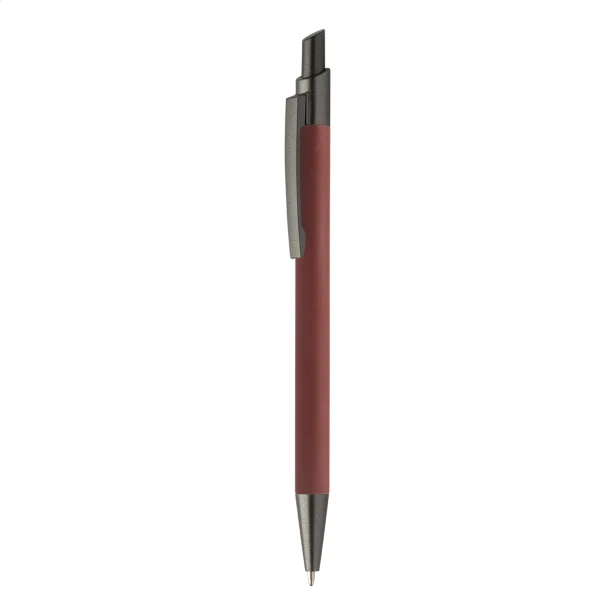 Czerwony długopis soft touch z recyklingowanego aluminium z logo – gadżet firmowy