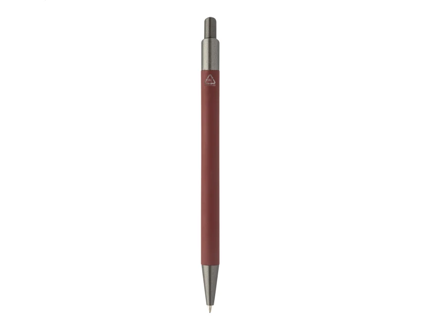 Czerwony długopis soft touch z recyklingowanego aluminium z logo – gadżet firmowy