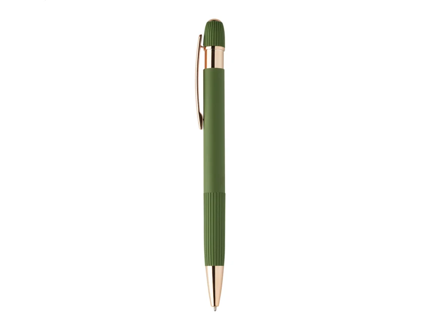 Zielony eko długopis reklamowy z lustrzanym grawerem rose gold, logo firmowe