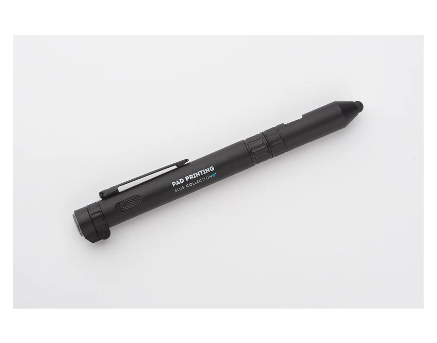 Czarny długopis touch GYVER z logo – latarka, kompas, stylus | gadżety firmowe