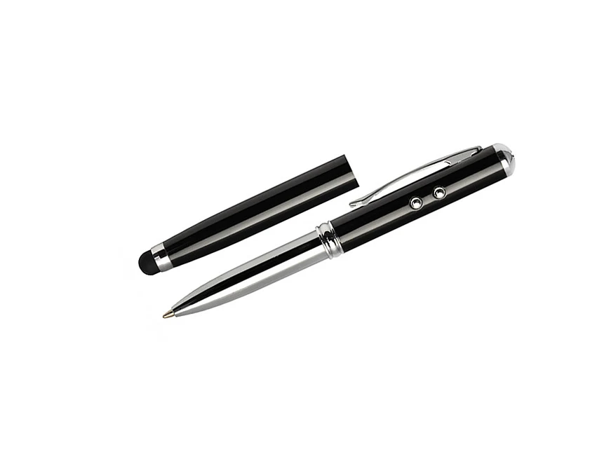 Czarny metalowy długopis 4w1 QUATRO z laserem, latarką i touch pen – gadżet reklamowy