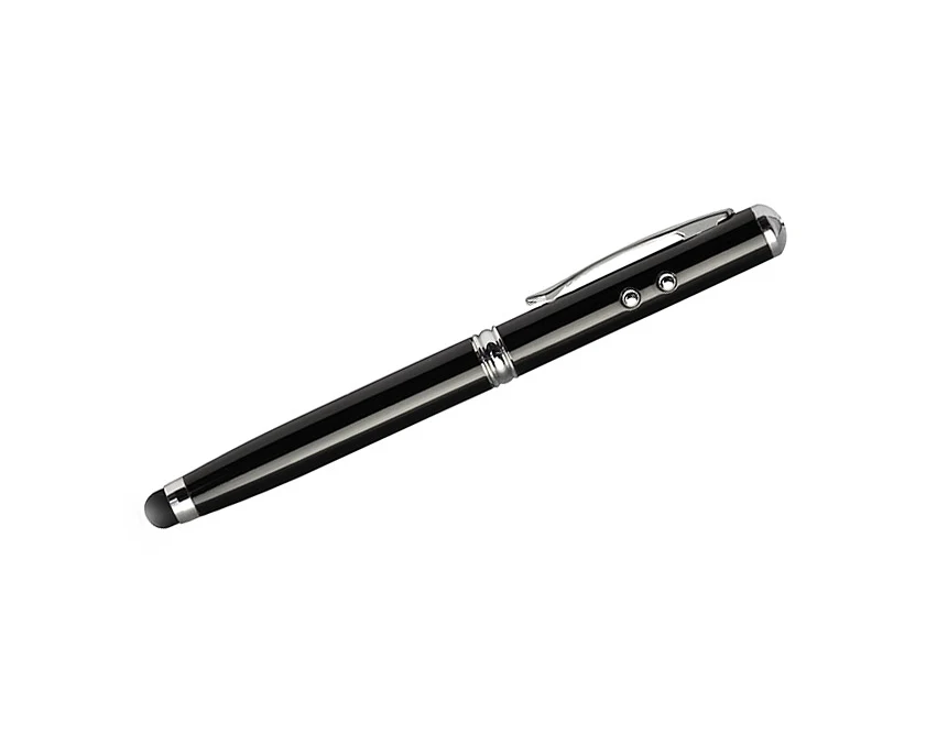 Czarny metalowy długopis 4w1 QUATRO z laserem, latarką i touch pen – gadżet reklamowy