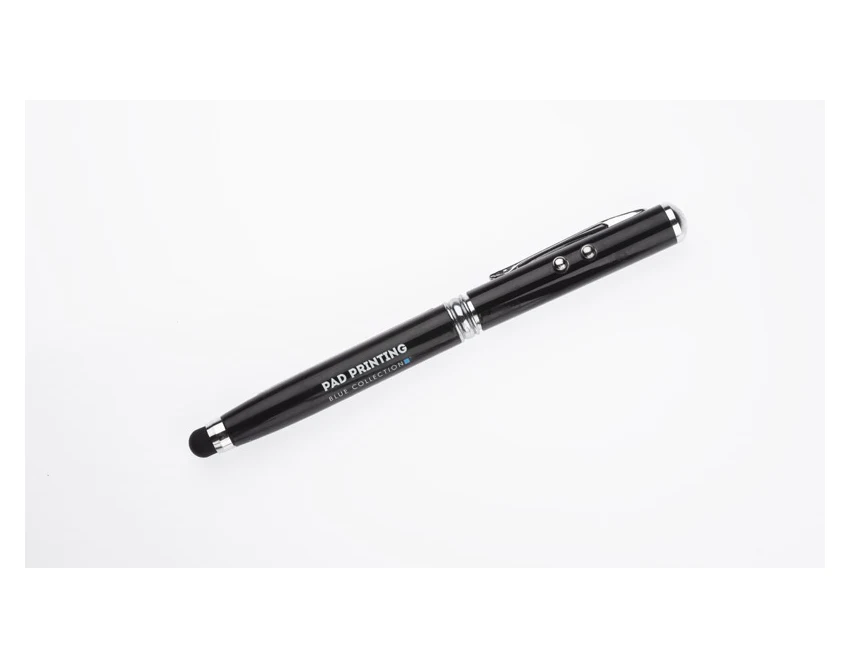 Czarny metalowy długopis 4w1 QUATRO z laserem, latarką i touch pen – gadżet reklamowy
