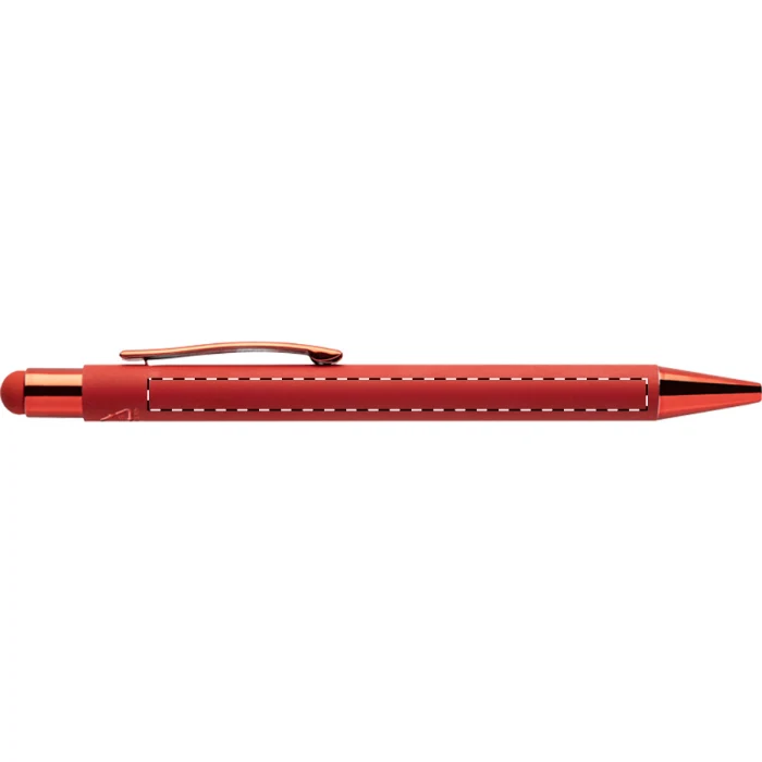 Schemat znakowania dla Tampondruk - P1 na gadżecie: Czerwony długopis reklamowy z recyklingowanego aluminium, stylus, lustrzany grawer, logo